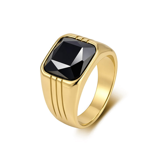 Square Gemstone Stainless Steel Ring Men's 18k Gold Plated Wide