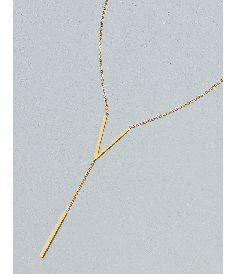 V-shaped Titanium Steel Chain Necklace with Letter Pendant