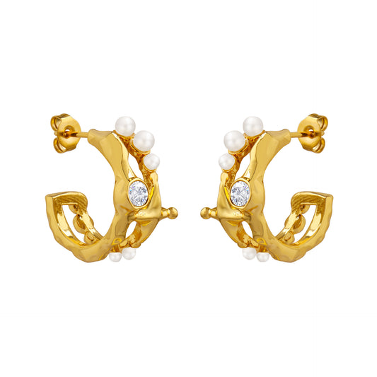 French Vintage Style Copper Earrings with Zircon and Pearl Detailing