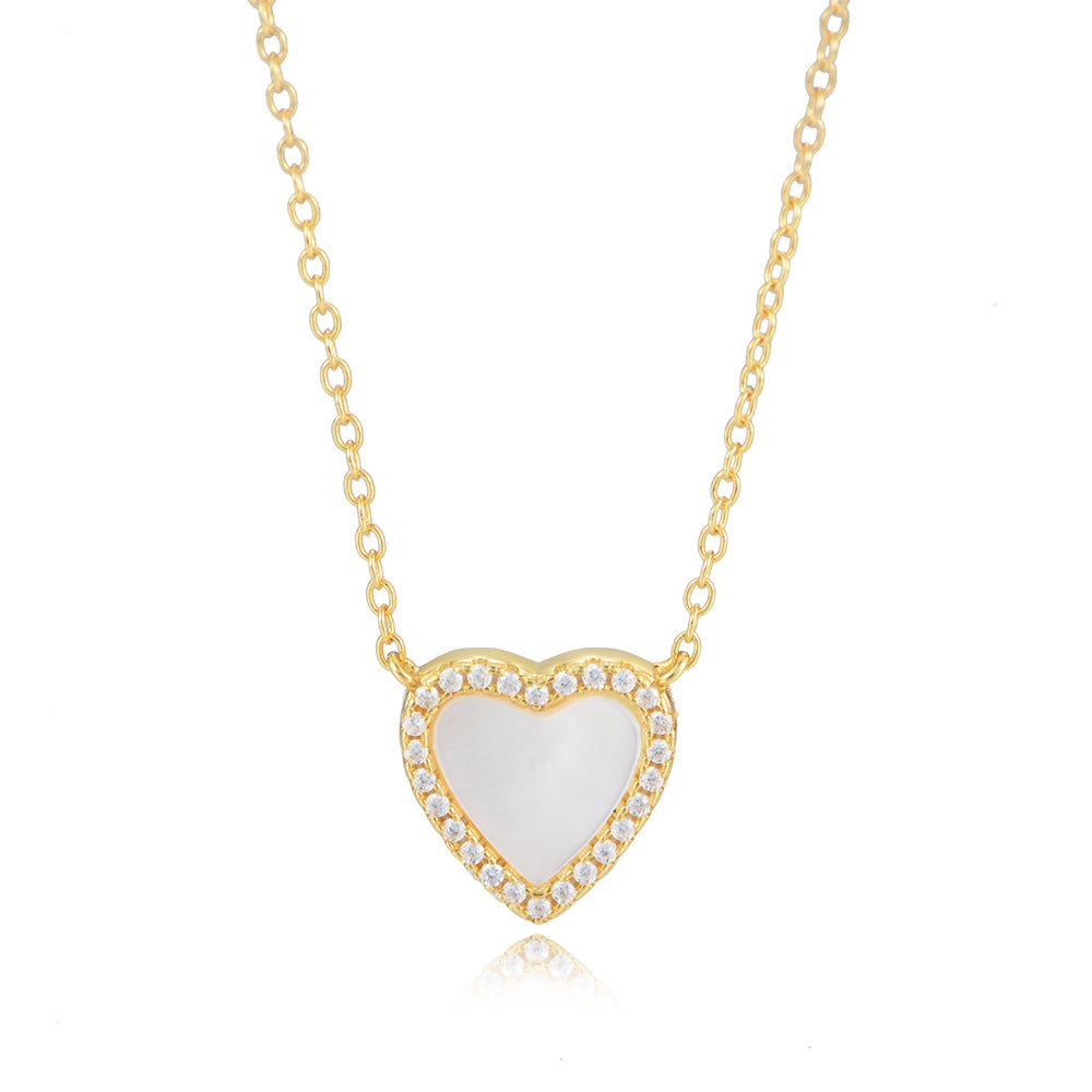S925 Sterling Silver Love-Shaped Shell Pendant Necklace Korean Version Zircon