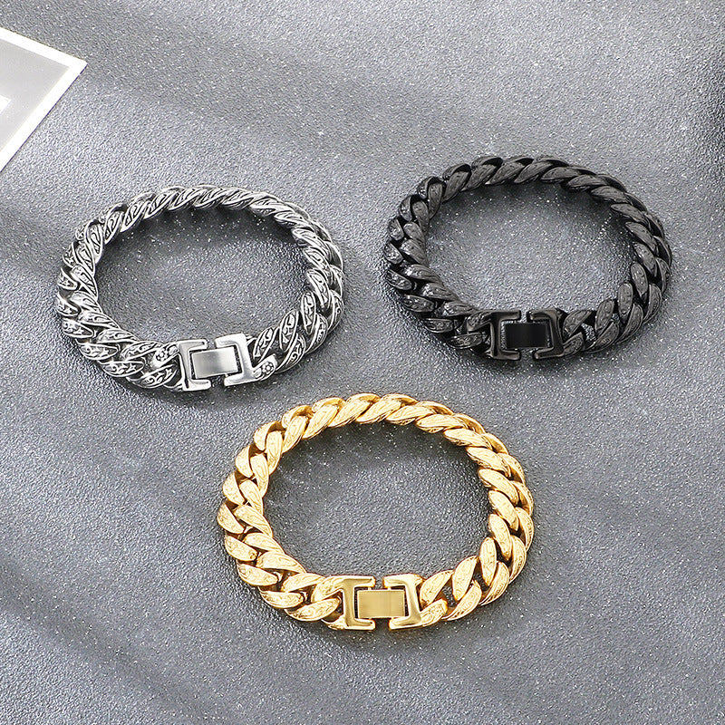 Cast Pattern – Punk Style 13mm Tang Grass Pattern Cuban Chain Titanium Steel Men's Bracelet