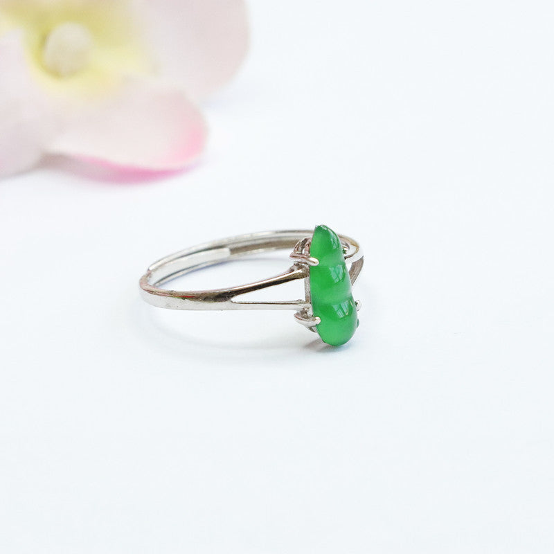 Sterling Silver Adjustable Natural Green Bean Jade Ring