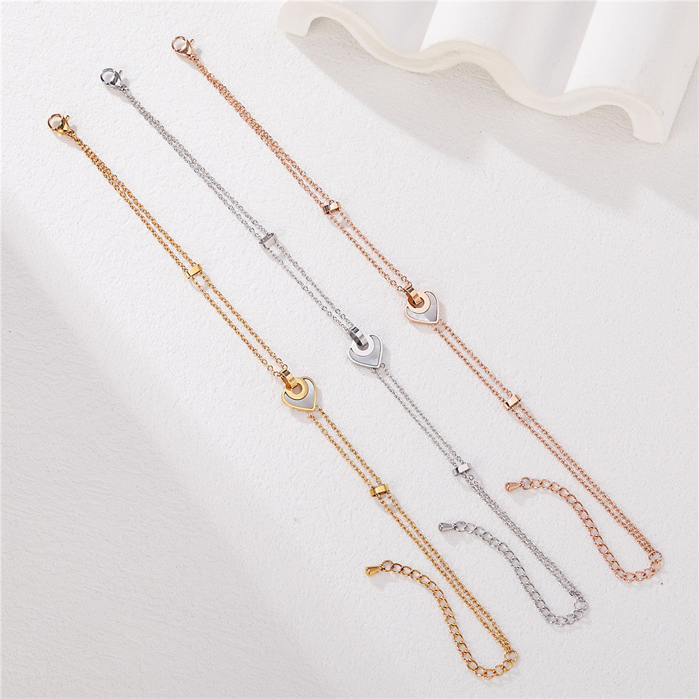 Planderful Titanium Steel Bracelet For Women Double Layer Heart Shell Peach Design Elegant Statement Jewelry