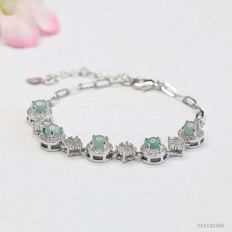 Blue Water Jadeite Prong-Set Cabochon Bracelet