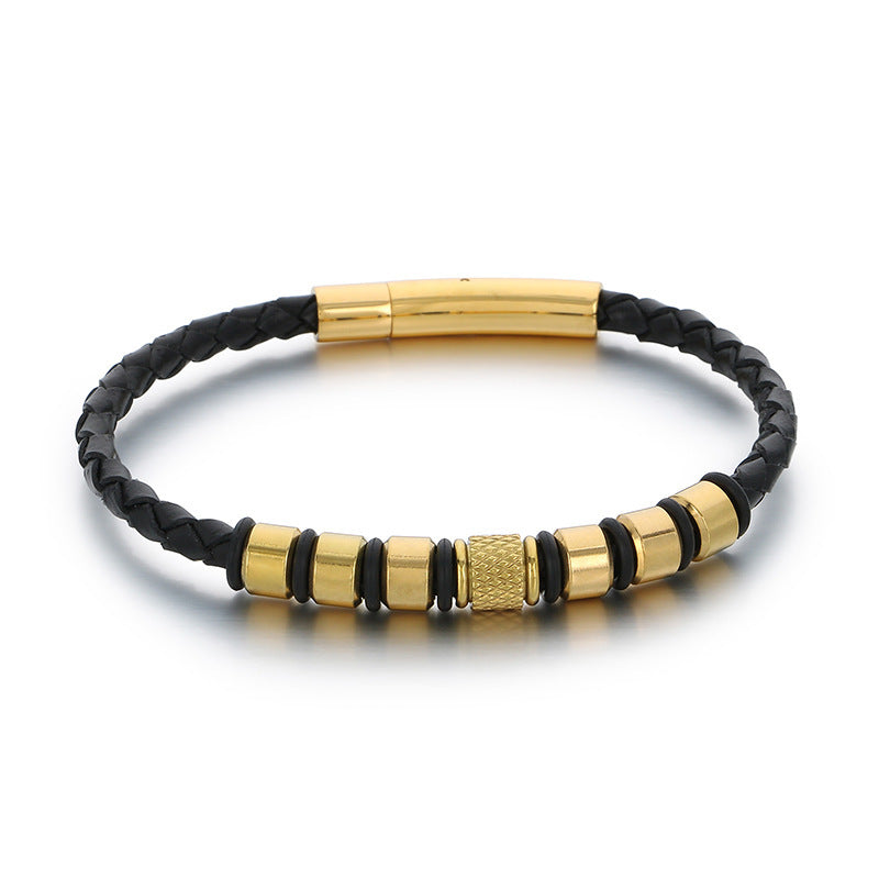 Business Style Men's Leather Rope Bracelet – Stainless Steel Bead Layered Woven Leather