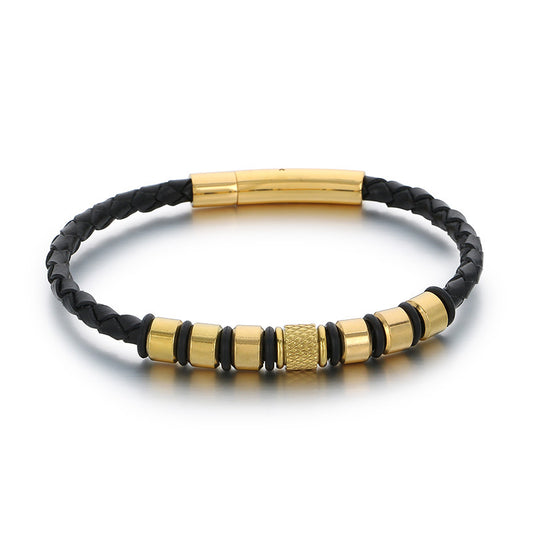 Business Style Men's Leather Rope Bracelet – Stainless Steel Bead Layered Woven Leather