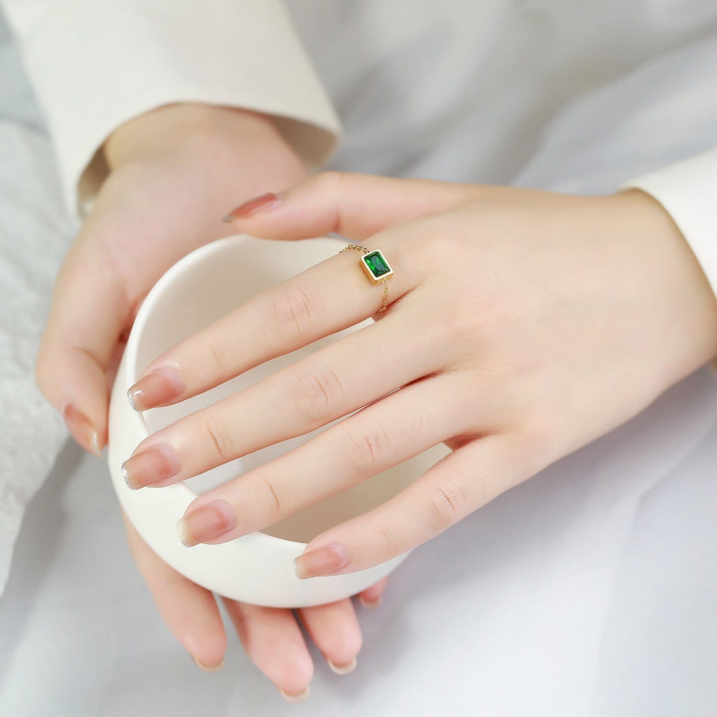 Titanium Steel Chain Ring Green Zircon Adjustable Black Ring