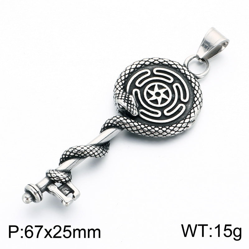 Gothic Snake Wrapped Rune Key Dark Vintage Labyrinth Cross Pattern Stainless Steel Necklace
