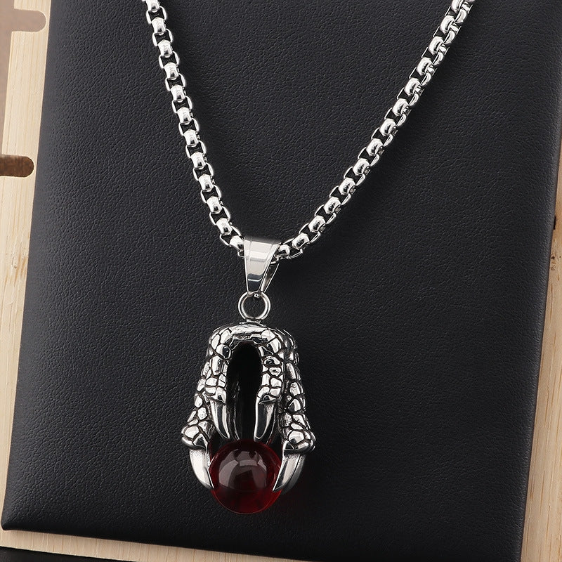 Bold Stainless Steel Dragon Claw Pendant with Red Bead - Retro European American Dominance for Men