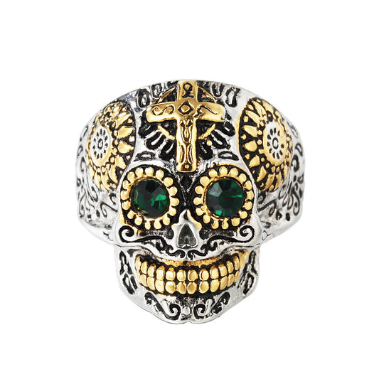Halloween Mexican Ghost Skull Zircon Titanium Steel Ring for Men