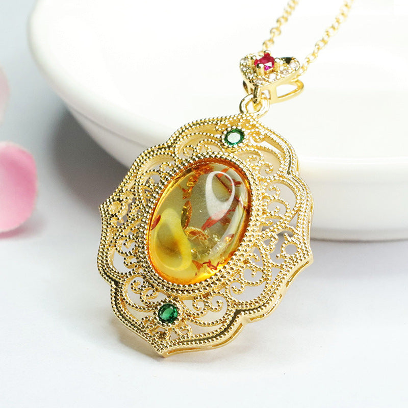 Floral Amber Vintage Zircon Openwork Pendant Necklace