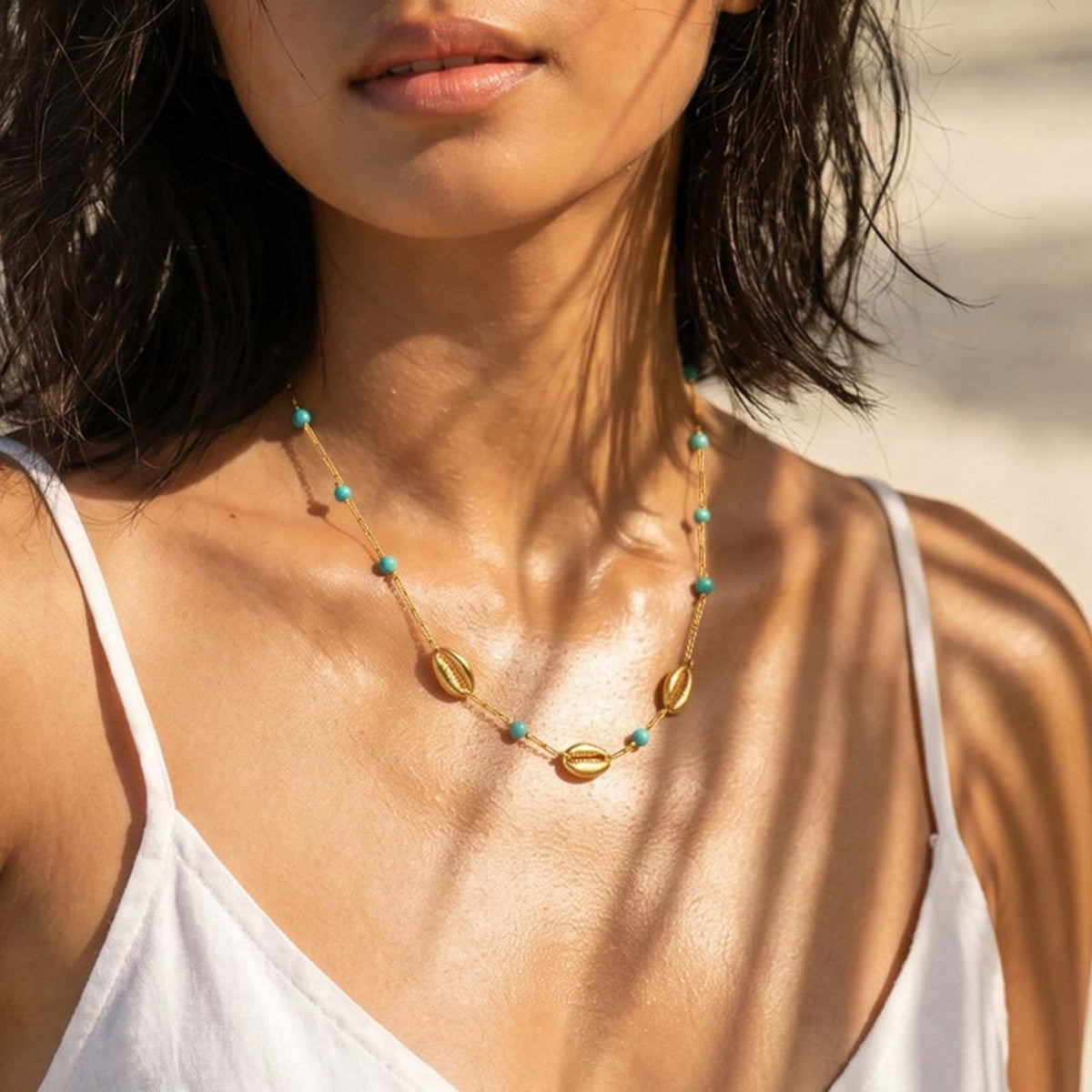Stainless Steel Shell Turquoise Beads Stacked Women's Neck Chain Necklace