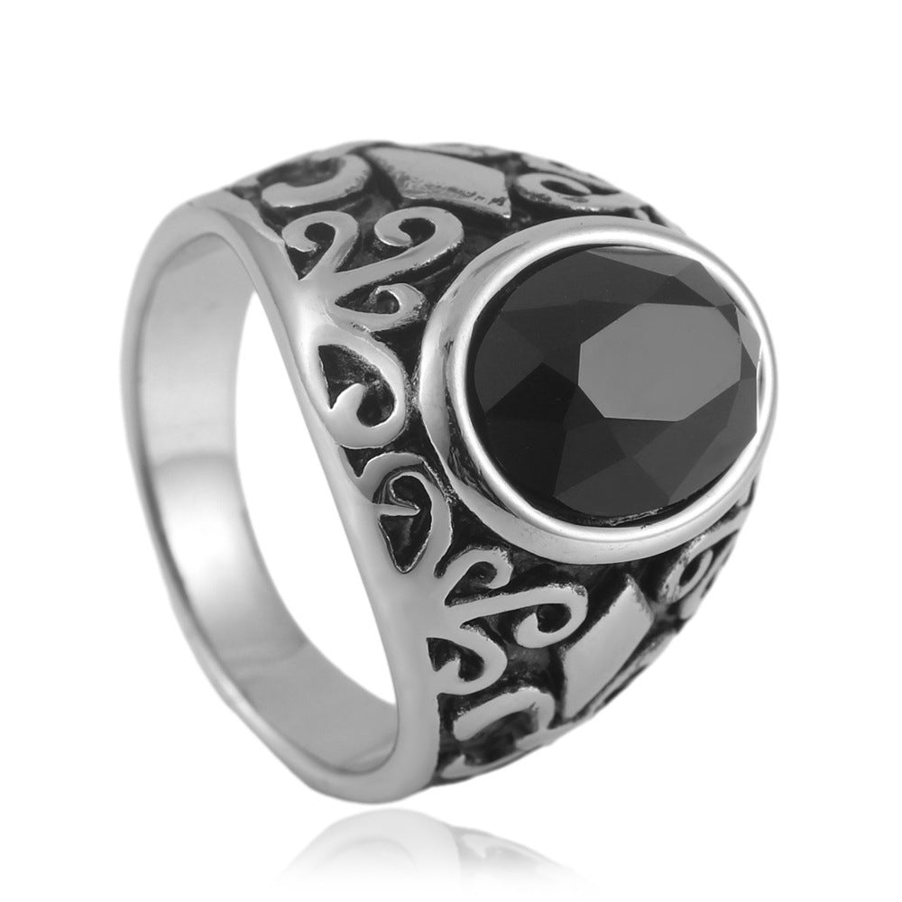 Punk Retro Multi-Color Stone Titanium Steel Ring for Men - Floral Design