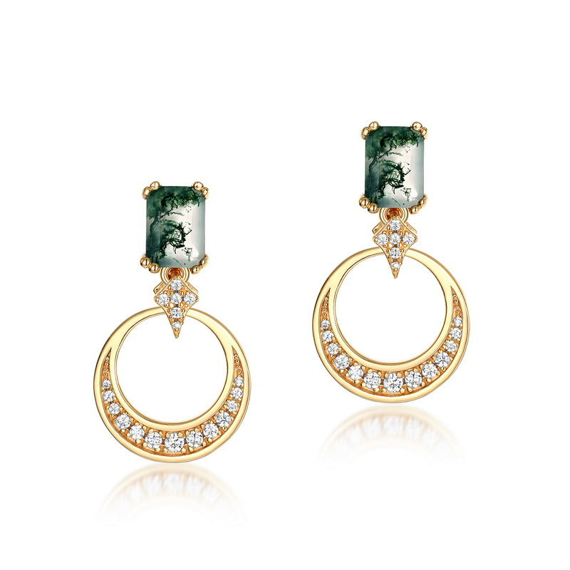 S925 Sterling Silver Moss Agate Signature Stud Earrings