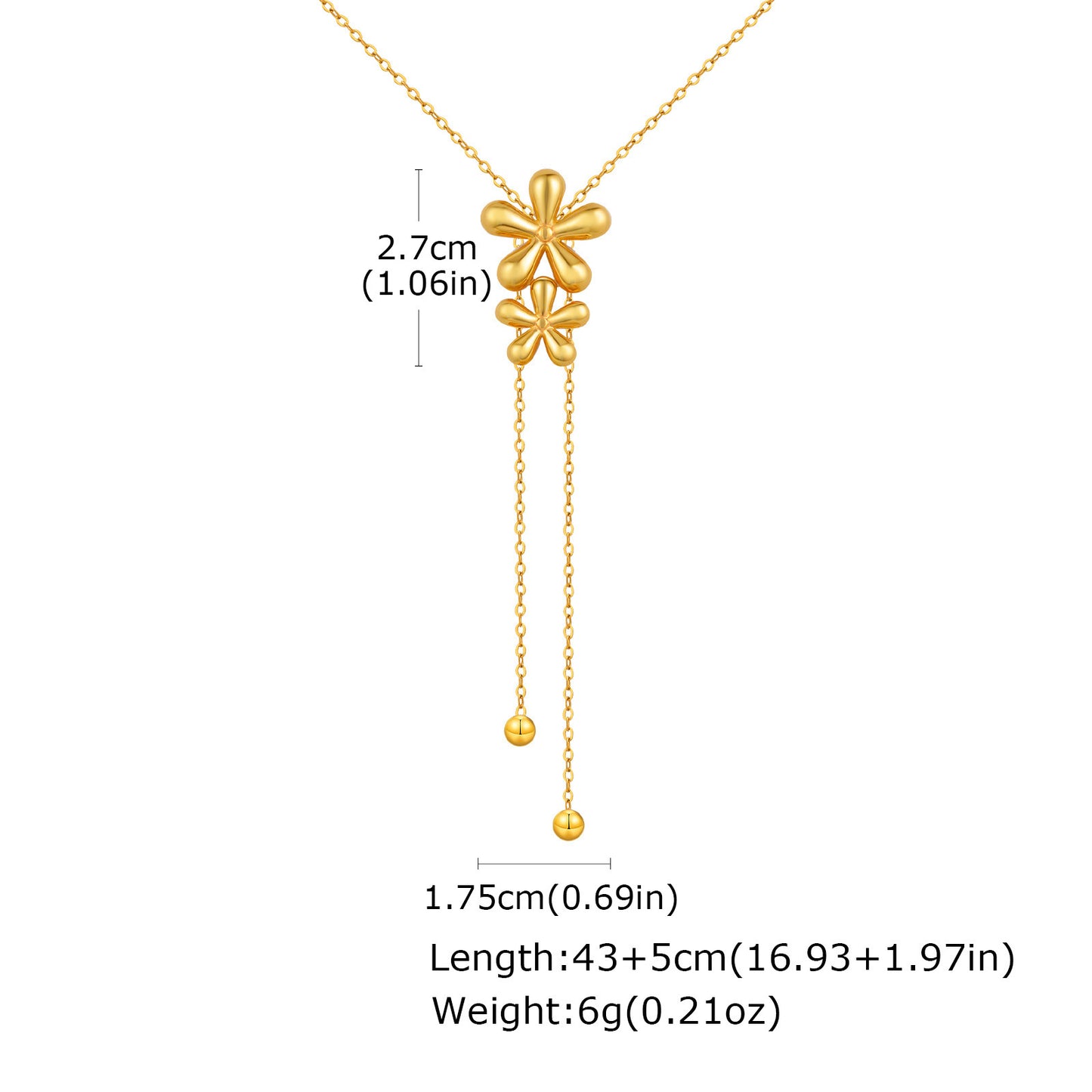 Style Women Stainless Steel Flat Cross Chain Double Flower Y-Shaped Necklace Gold