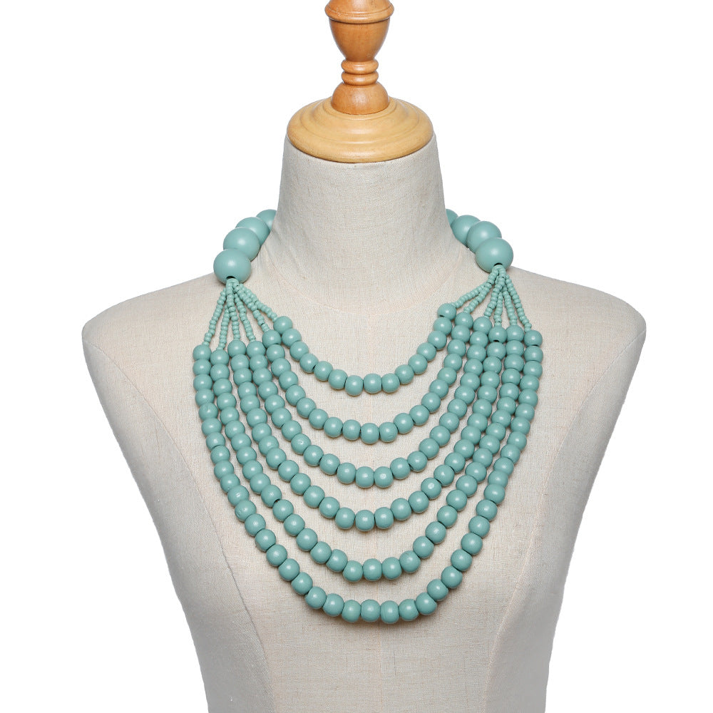 Extravagant Multilayer Wooden Bead Necklace with Black Pendant Women's Statement Jewelry