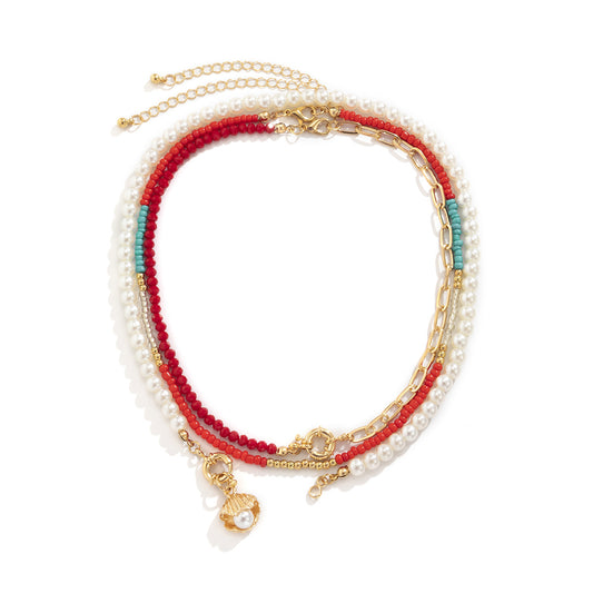 Planderful Vienna Verve Scallop Pendant Necklace For Women Bold Ethnic Style Rice Bead Imitation Pearl
