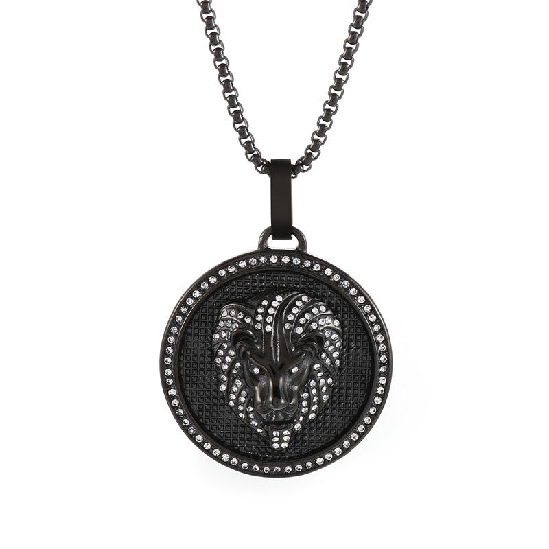 Rock Hip Hop Round Pendant, Retro Electroplated 18k Gold Slightly Inlaid Zircon Lion Necklace