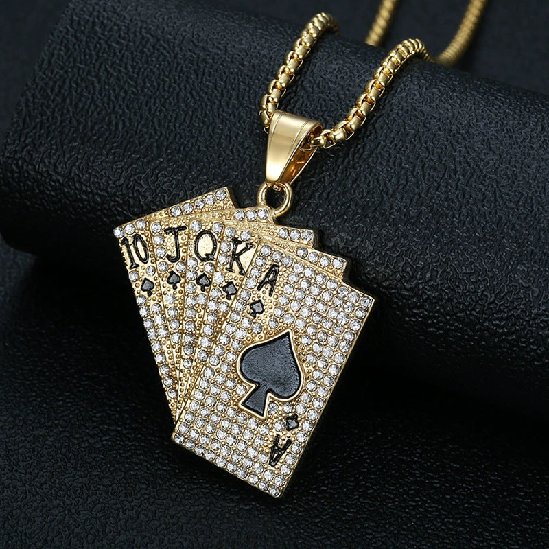 Planderful Hip Hop Jewelry Stainless Steel Gold Plated Rhinestone Playing Card Pendant Necklace For Urban Fashion Lovers
