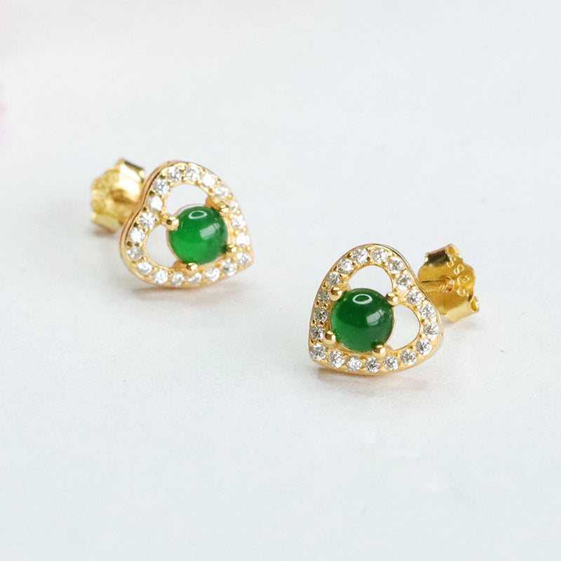 Icy Green Jadeite Heart 925 Silver Stud Earrings