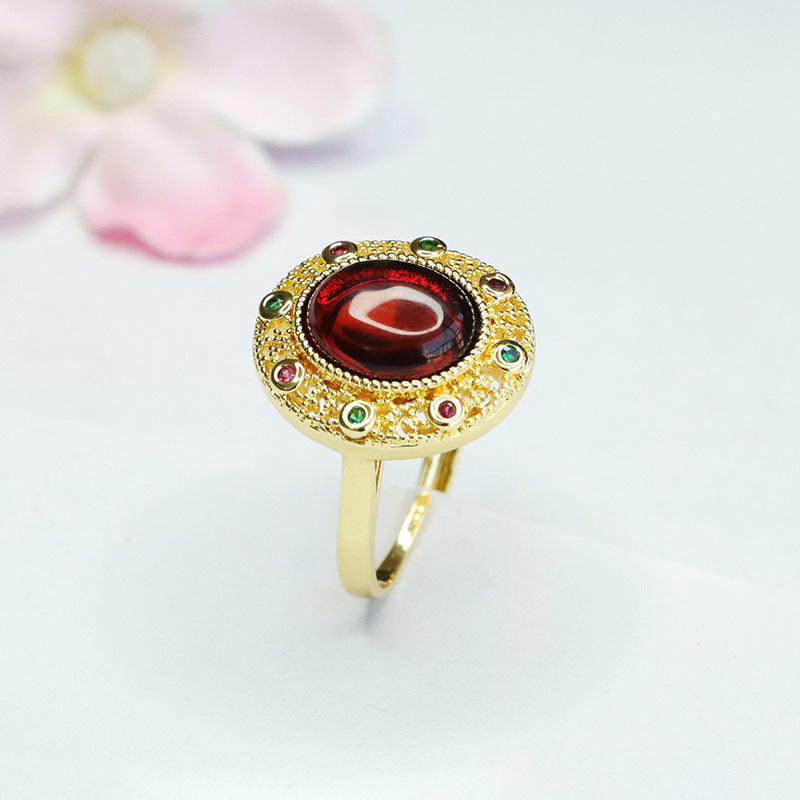 Vintage Ethnic Natural Oval Amber Hollow Ring Jewelry with Zircon Accent