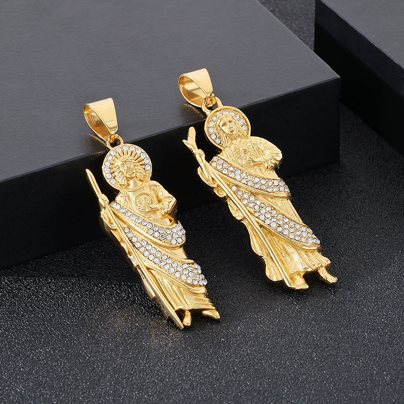 Stylish Zircon Necklace, Vintage Vacuum Plated St. Jude God Titanium Steel Pendant For