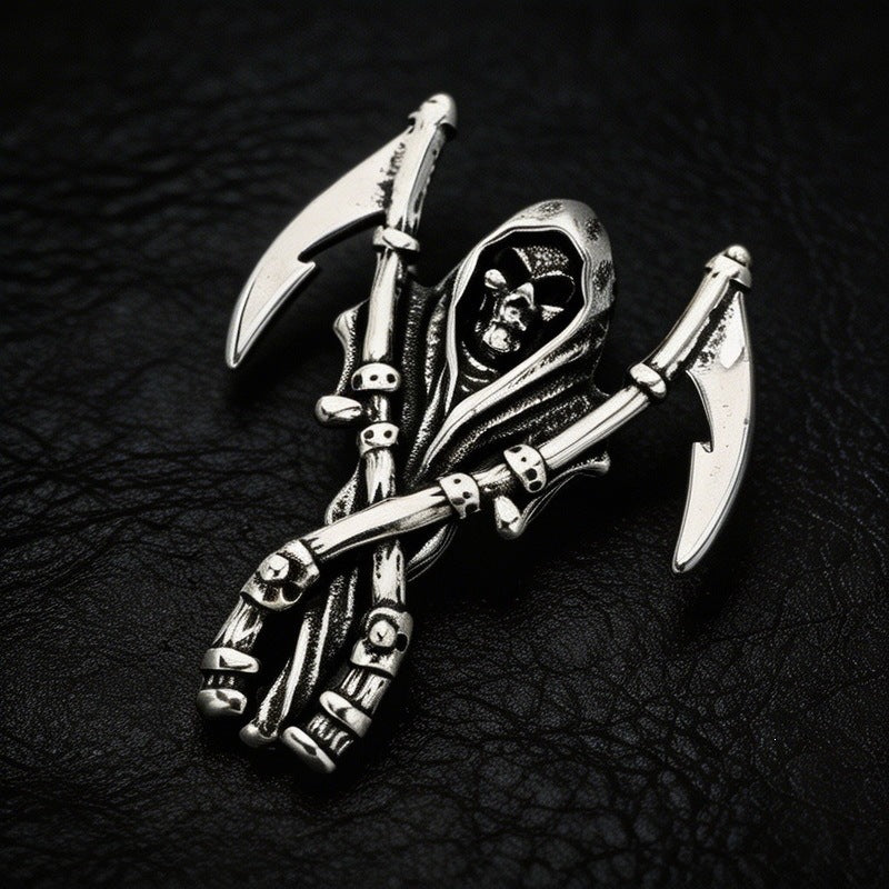 Dark Wind Double Sickle Reaper Pendant Angel Portrait Pendant Two-Sided Buddha Head Stainless Necklace