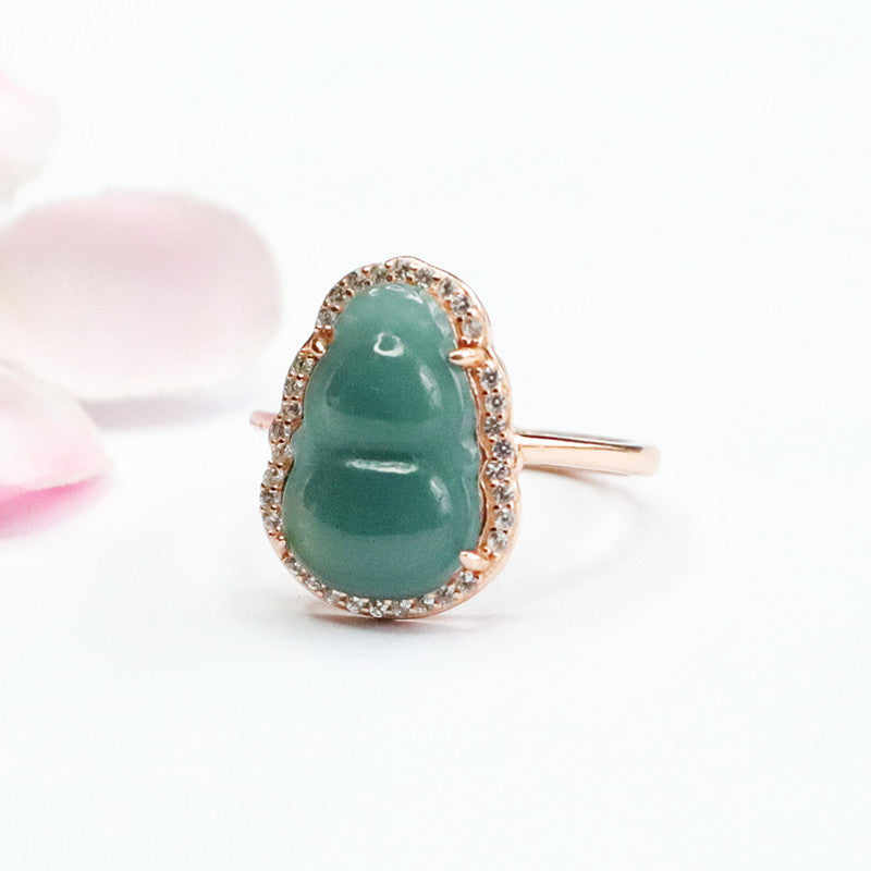 Jadeite Gourd Sterling Silver Ring with Ice Blue Green Natural Jade