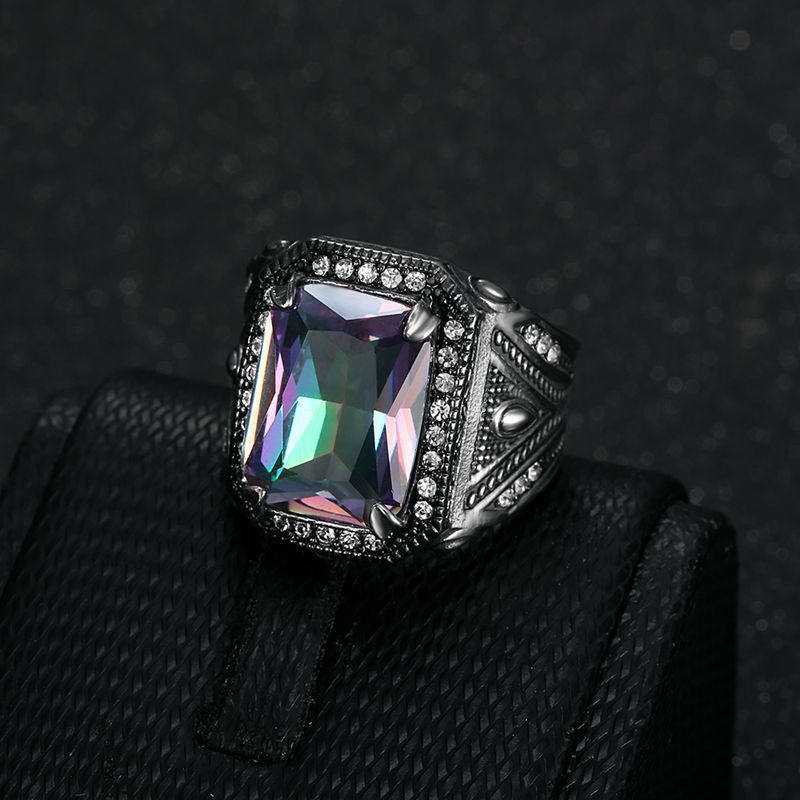 Planderful Titanium Steel Ring For Men Retro Punk Style With Colorful Inlaid Synthetic Gemstones