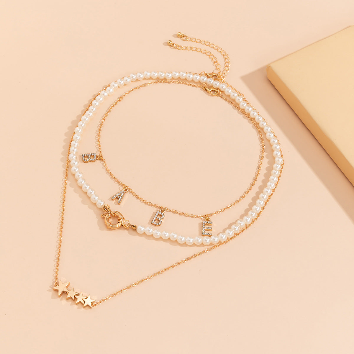 European and American Cross-border Jewelry, Stacking and Matching Star Letter Tassel Necklace, Full of Diamonds, Babe, Imitation Pearl Necklace for Women