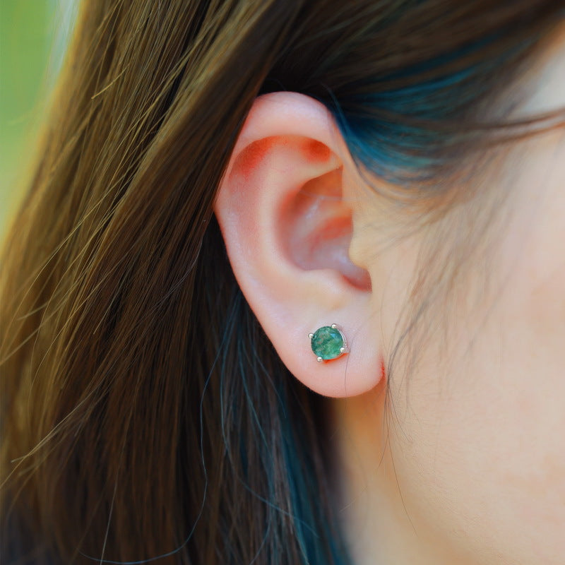 Planderful Jewelry Sterling Silver Moss Agate Stud Earrings Four Claw Round Green Gem for Everyday Elegance