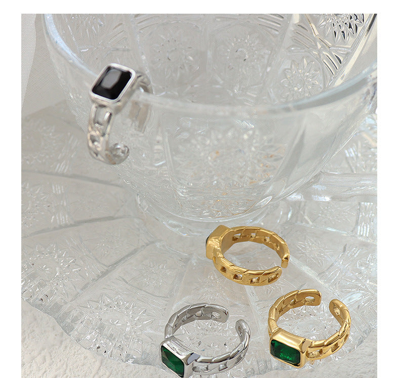 Modern Black Square Zircon Cut Open Ring - Women's Titanium Steel Plated 18K Gold Jewelry