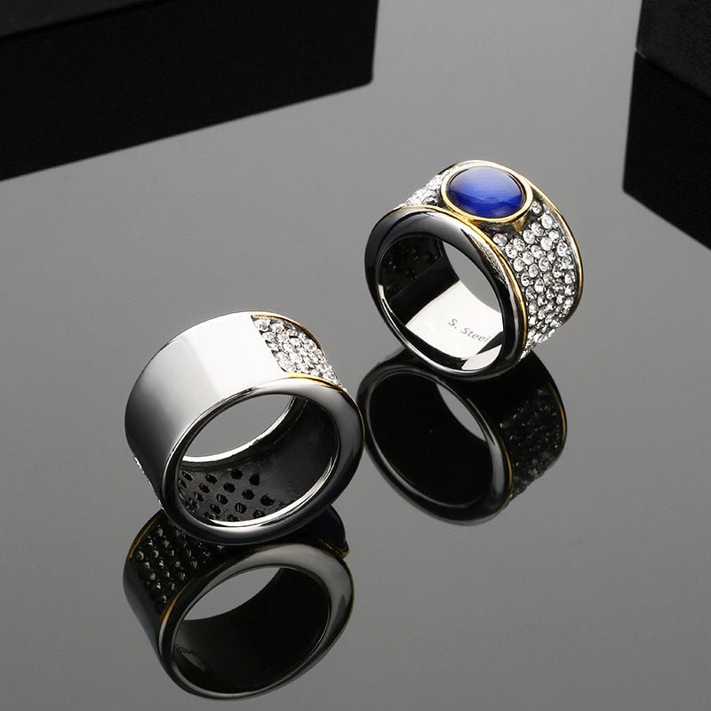 Hophip Full Zircon Jewelry, Vintage French Luxury Zircon Sapphire Titanium Steel Men's Ring