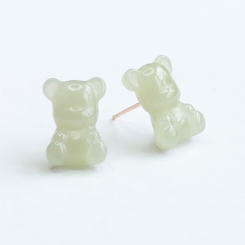 Sterling Silver and Hetian Jade Bear Ear Stud Earrings