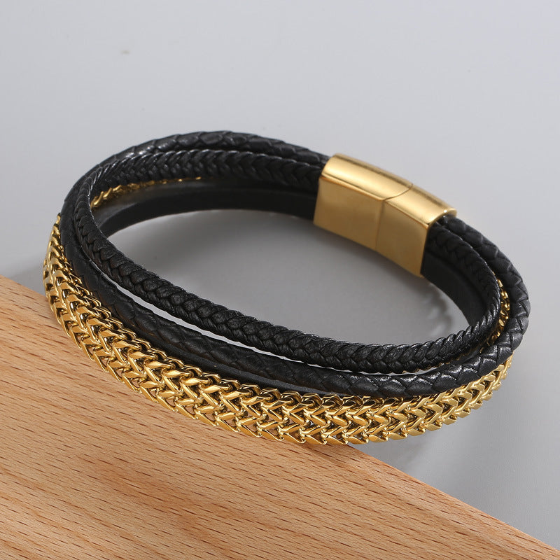 Planderful Men Titanium Steel Chain Cowhide Bracelet Genie