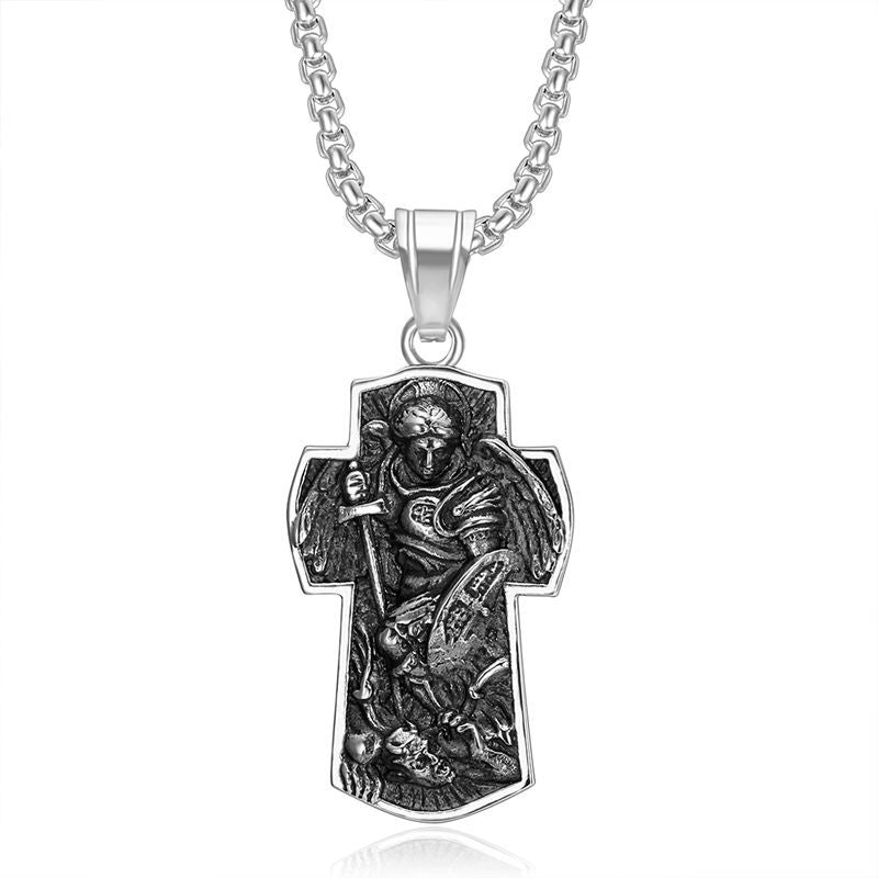 Archangel Michael Cross Necklace Unisex Stainless Steel Gold Plated Pendant Planderful Everyday Genie
