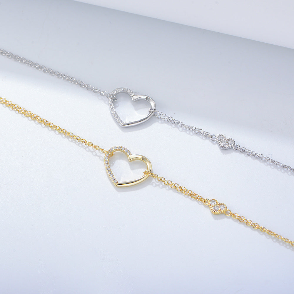 S925 Sterling Silver Zircon Heart Bracelet Planderful For Women Double Layer Elegant Jewelry
