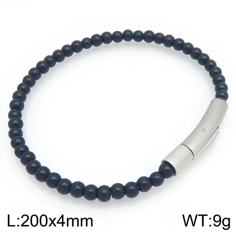 Beaded Bracelet Tiger's Eye Stone Black Agate Stainless Steel Snap Button Unisex Bracelet.