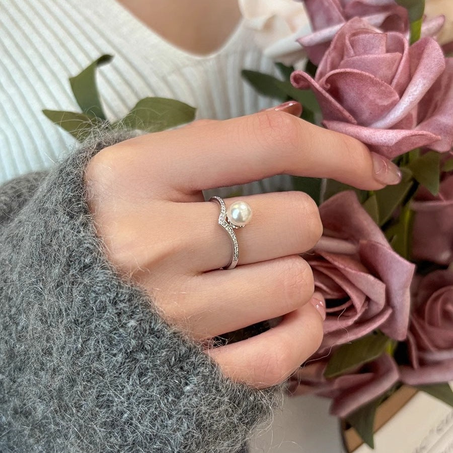 Planderful Sterling Silver Imitation Pearl Ring For Women Adjustable Light Luxury Elegant