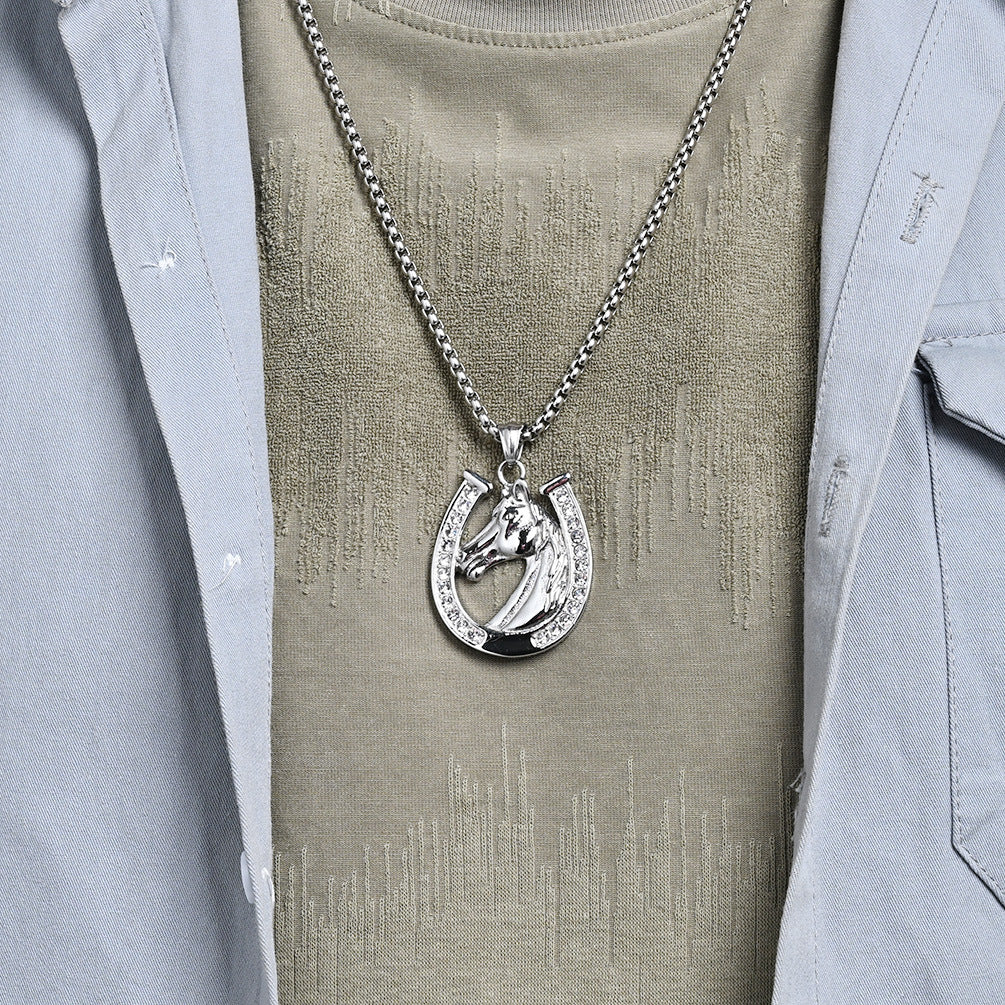 Planderful Horseshoe Necklace With Zircon Horse Head Pendant In Titanium Steel For Men Hip Hop Style Jewelry