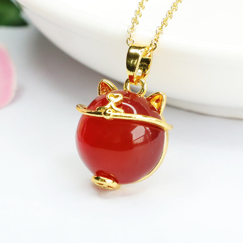 Red Agate Lucky Cat Pendant — No Chain