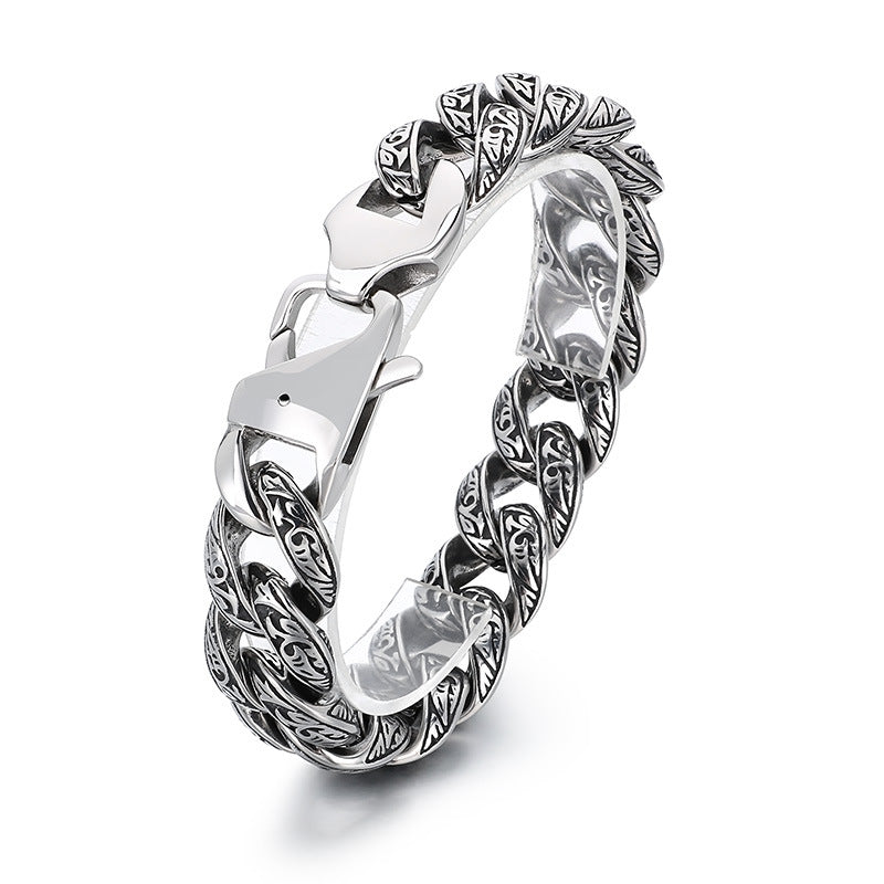 Personalized Tang Grass Pattern Stainless Steel Cuban Chain Bracelet for Men