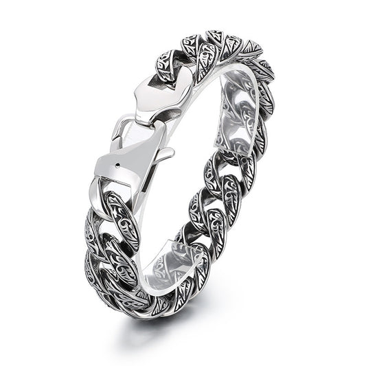 Personalized Tang Grass Pattern Stainless Steel Cuban Chain Bracelet for Men