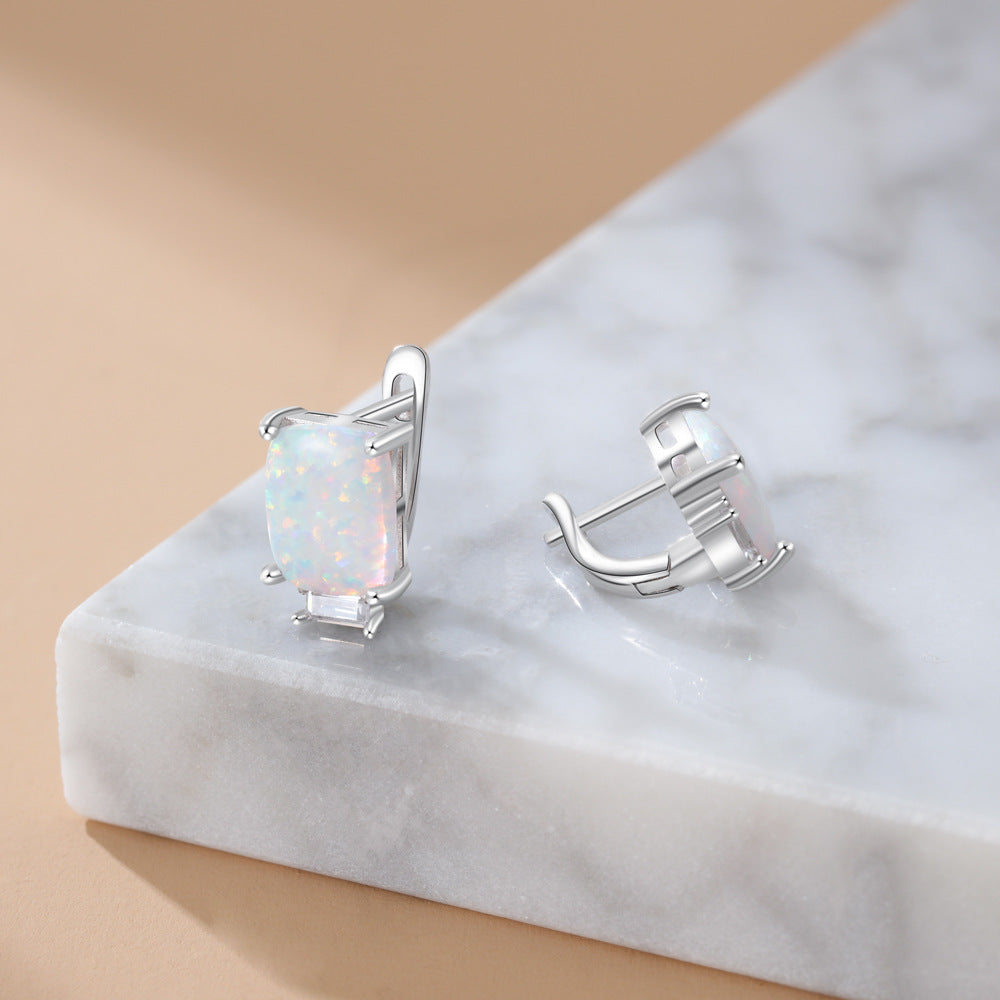 Planderful Jewelry Opal Earrings In Sterling Silver S925, Elegant Rectangle Stud Earrings