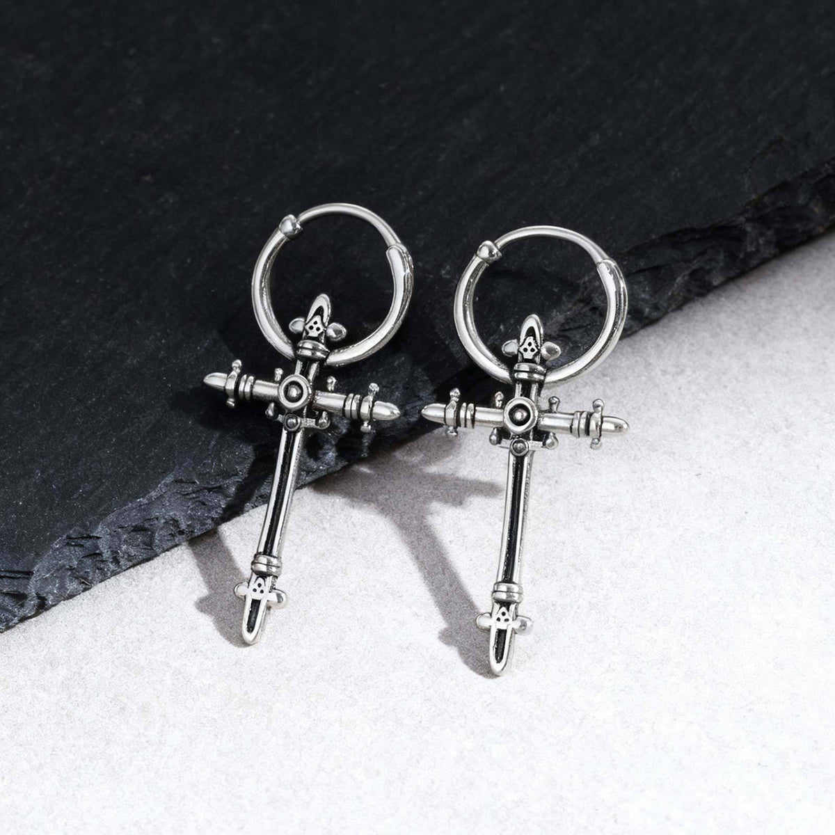 Antique-Silver Ornate Cross Hoop Earring — Single