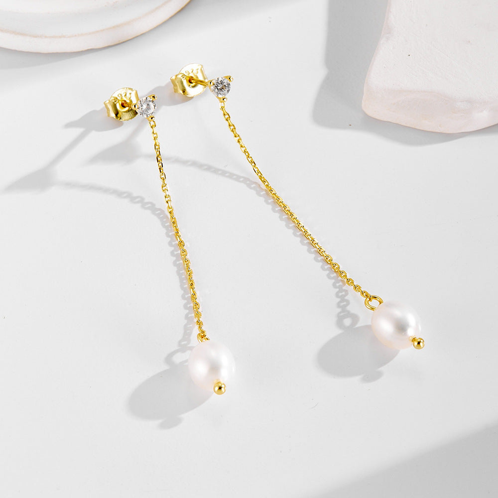 S925 Sterling Silver Stud Earrings, Natural Freshwater Pearl Earrings, And Versatile Long Fringed