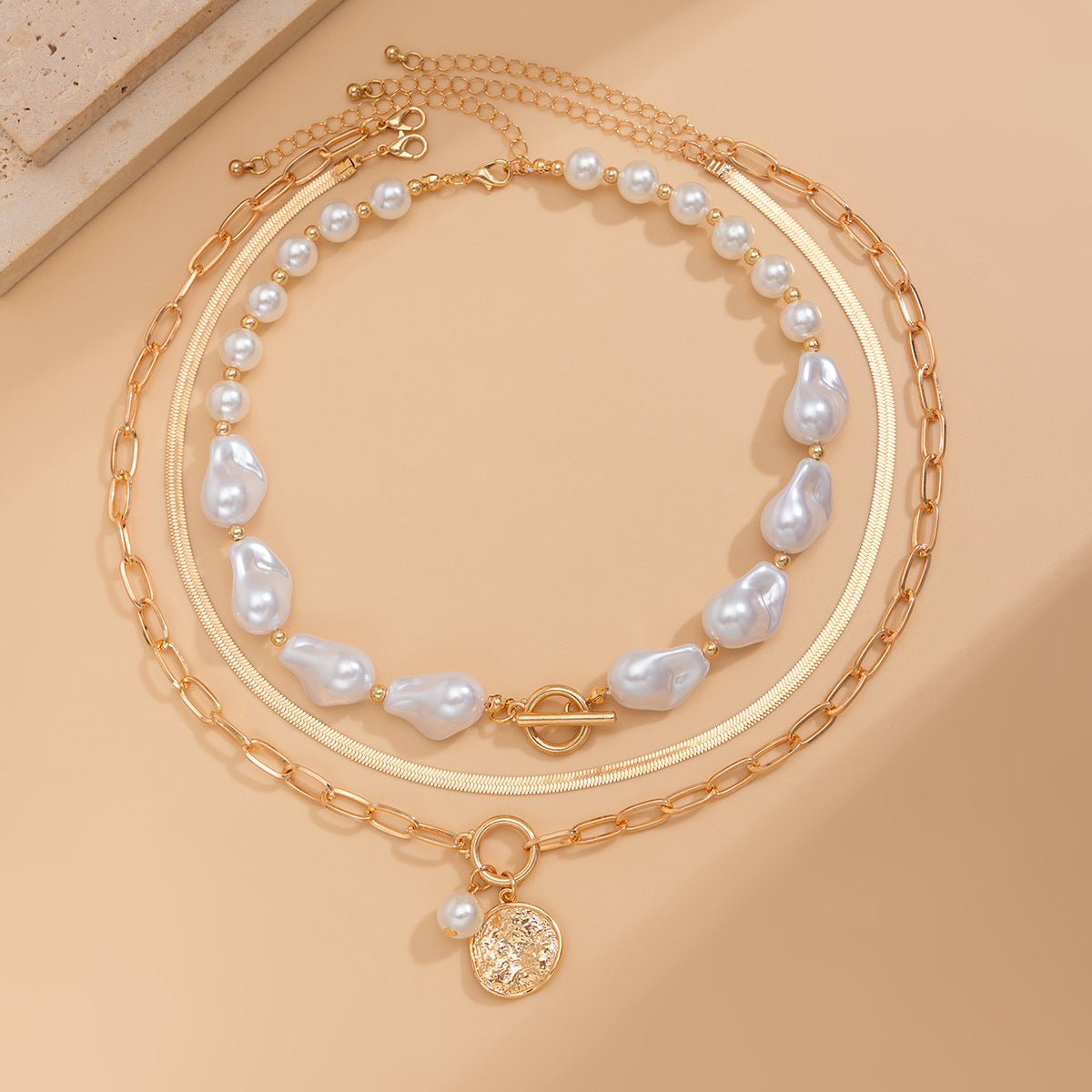 Baroque Pearl & Disc Pendant Layered Necklace Set