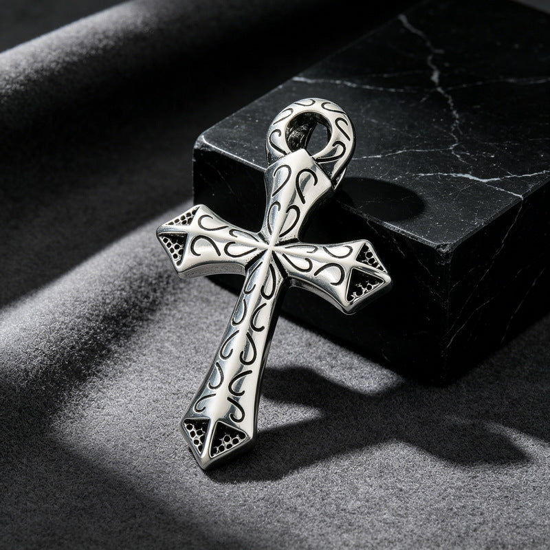 Cross Flower Pendant, Punk Style Goth Smear Skull Cross Stainless Steel Men's Pendant Necklace
