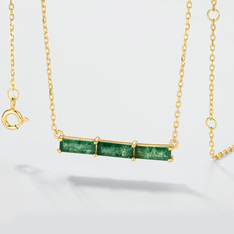 Planderful Everyday Genie – New Fashionable Simple Green Moss Necklace Womens S925 Sterling Silver Gold-plated Aquatic Agate Niche Design