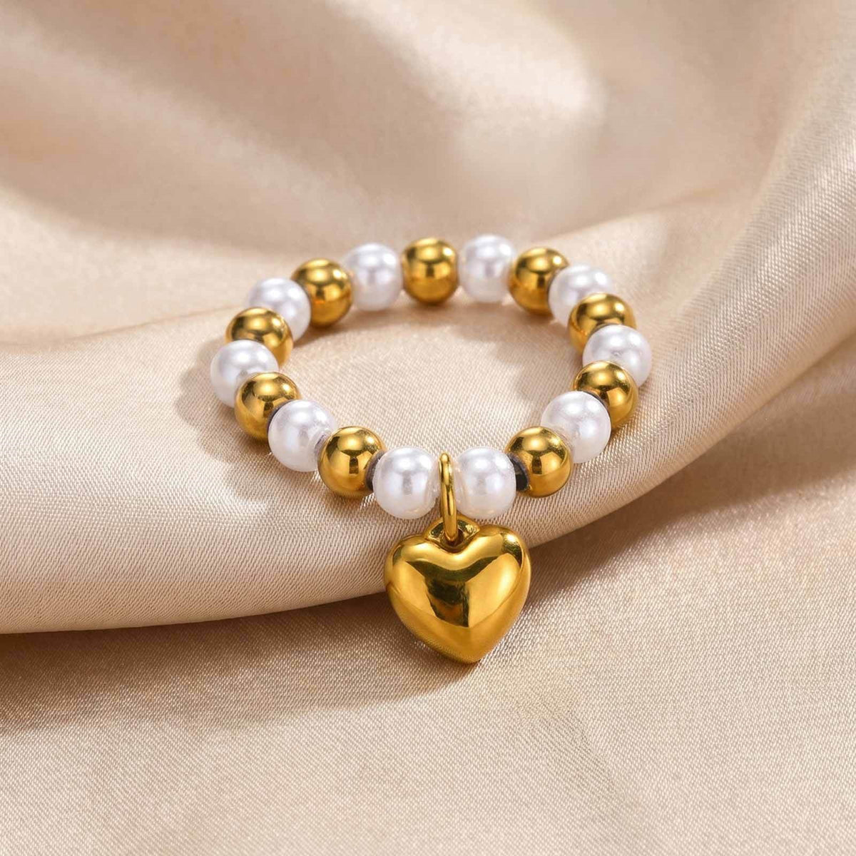 Stainless Steel Daily High-Gloss Heart-Shaped Imitation Pearl Steel Ball Ring Women's